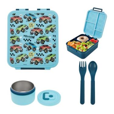 Imagem de Lancheira infantil Bento Box com jarra térmica de iogurte/pote de frutas e compartimentos para meninas escolares menino (azul 1)