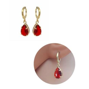 Imagem de Brinco Argolinha Gota de Cristal Vermelho Folheado Ouro 18k Antialérgi