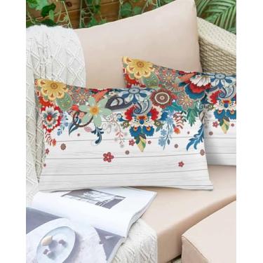 Imagem de Fronhas de almofada de flores boêmias abstratas azul amarelo floral grão de madeira macia capa de almofada decorativa capa de almofada com zíper oculto para cama sofá 30,5 x 50,8 cm