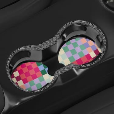 Imagem de Porta-copos de carro xadrez colorido pacote com 2, porta-copos de mosaico vibrante, tapetes antiderrapantes para carro, mesa, bebidas, acessórios de decoração de 6 cm