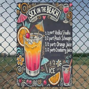 Imagem de Receita de coquetel com decorações temáticas de praia Arte de parede de alumínio rústico e placa de metal - 20 x 30 cm, decoração vintage interna e externa para casa, escritório, café, quintal e