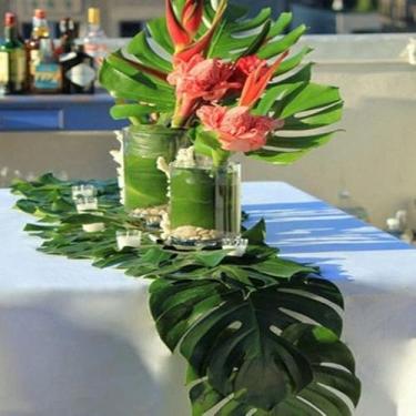 Imagem de Conjunto de 6 peças de plantas artificiais, folhas de palmeira tropical, folhas de seda verde, decoração de festa havaiana, mesa de verão, planta falsa (G, 34 x 29 cm)