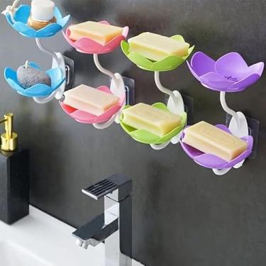 Imagem de Saboneteira montada na parede em forma de flor de lótus organizador de armazenamento de banheiro sem drenagem de plástico durável design de economia de espaço (azul)
