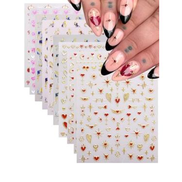 Imagem de Conjunto de adesivos de unhas de acrílico dourado metálico 3D com 10 folhas, decorações, estrelas, coração, laço, fita, unhas, unhas, tatuagem, autoadesivo, esmalte, gel, acessórios para unhas dos pés
