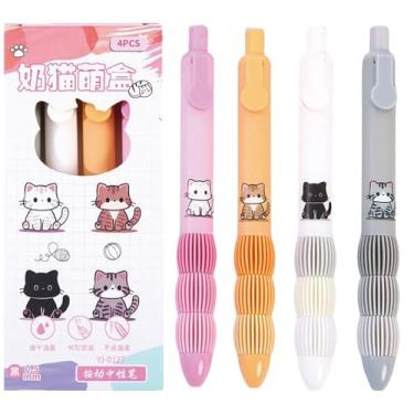 Imagem de MOZXIRZ 4 canetas de gel fofas canetas retráteis de gato de 0,5 mm, tinta preta, caneta de escrita suave para mulheres, meninas, meninos, crianças, escritório, material escolar (gato)