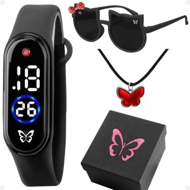 Imagem de Relogio Menina Digital Infantil + Colar + Oculos Sol Garota Social Led Original Presente Strass Rosa