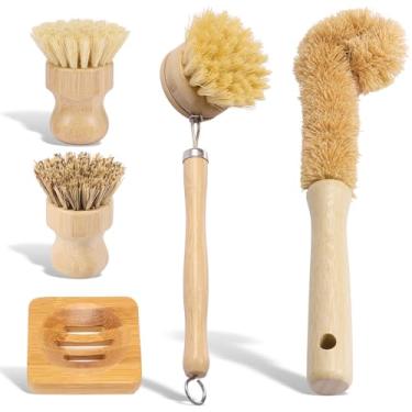 Imagem de Conjunto de 5 peças de escovas de prato de bambu, conjunto prático de escovas de limpeza de pratos, conjunto de pincéis multifuncionais, ferramenta ergonômica de limpeza de cozinha para limpeza de