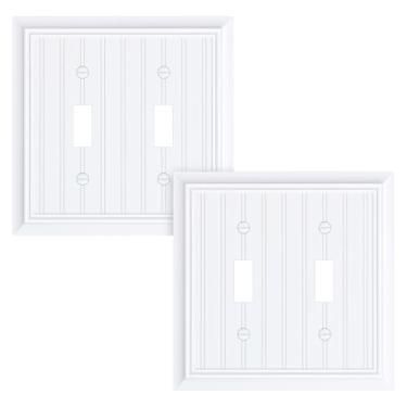 Imagem de Pacote com 2 placas clássicas para interruptores de luz com interruptor duplo, placas decorativas de fibra de bambu natural durável, branco puro, placa de parede de 2 grupos, resistente à corrosão