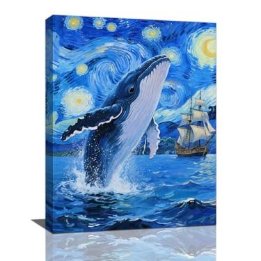 Imagem de Arte de parede de baleia noturna estrelada em tela baleia jubarte decoração de parede pinturas famosas impressão oceano costal imagens emolduradas decorações de arte para sala de estar quarto banheiro