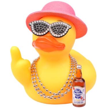 Imagem de MuMyer Ornamento de carro de pato de borracha, acessórios exclusivos de decoração de painel de carro de pato amarelo com colar de óculos de sol de cartola e adereço fofo (9,5 cm)