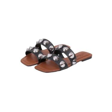 Imagem de Rasteirinha Feminina Bico Quadrado Duas Tiras Com Spike (Preto, BR, Adulto, Numérico, 37)