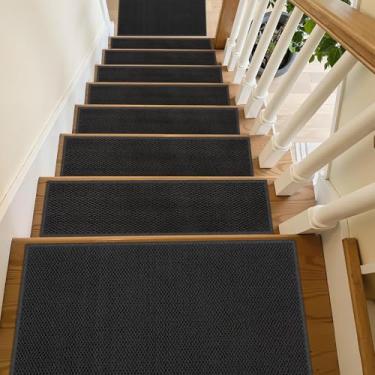 Imagem de Escadas para degraus de madeira para ambientes internos – pacote com 15 tapetes antiderrapantes de 20,3 x 76,2 cm, lavável, reutilizável, adesivo para escadas internas, resistente a manchas, tapete de