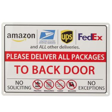 Imagem de Placa de instruções de entrega para Amazon, USPS, UPS, FedEx, placa de parede de metal com pacotes de porta traseira sem ícones solicitados, branco e vermelho