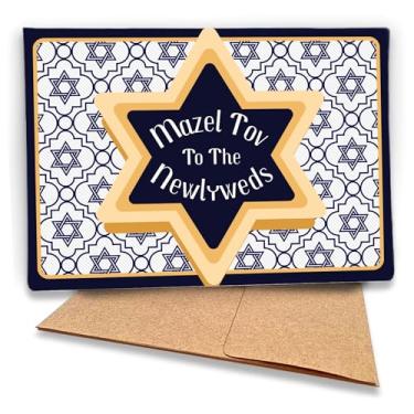 Imagem de Fava Bean Productions Cartão de casamento judaico, (Mazel Tov) Congratulations to Newlyweds, Classy Gold and Navy Star of David Design (1 cartão premium com envelope) - 146