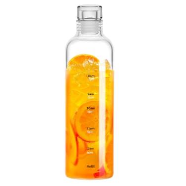 Imagem de Garrafas de água com tampas e marcador de tempo, garrafas de água de vidro transparente simples e modernas, copos de vidro de 500 ml, para sucos para escritório, academias, cafés, academias essenciais