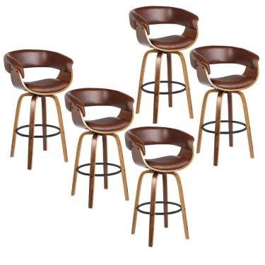 Imagem de Kit 5 Banquetas Giratória Alta Com Encosto Base Madeira Ravi R02 Sintético Marrom - Mpozenato