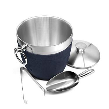 Imagem de Balde de gelo isolado Fortune Candy – Balde de gelo de aço inoxidável de parede dupla com pinças de gelo, concha, tampa e suporte de nylon feito à mão exclusivo – 2,8 L, Azul marinho