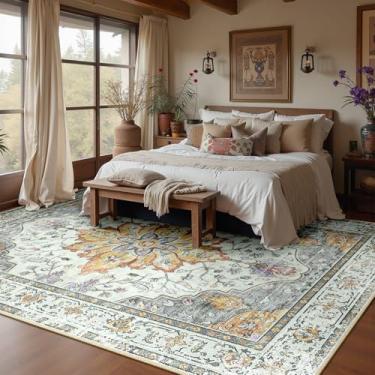 Imagem de RELEANY Tapetes de área, 2,8 m x 2,5 m, lavável, antiderrapante, estampa floral, vintage, tapete medalhão para sala de estar, quarto, sala de jantar, amarelo claro cinza carbono laranja