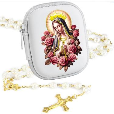 Imagem de PLONKLY Rosário Católico para Mulheres - Contas de Pérola com Cruz Clássica, Caixa de Oração com Zíper da Virgem Maria, Presentes de Primeira Comunhão, Joias de Confirmação de Batismo, 6mm, Zinco, Sem