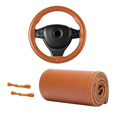 Imagem de MUQIDA Capa de volante de couro genuíno, capa de volante com costura respirável de 38 cm antiderrapante, protetor de costura DIY com linha de agulha (marrom, orifício completo)