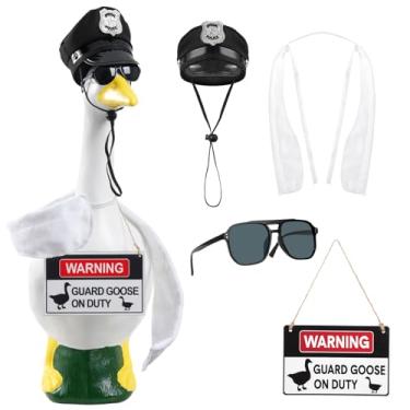 Imagem de linastu Conjunto de 4 peças de roupas de ganso para varanda de 58 cm, pano de ganso com chapéu de polícia, asas de ganso articuláveis, óculos de sol e placa de aviso para gramado de varanda