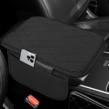 Imagem de HQRNYP Capa de console central de carro, capa de descanso de braço para carro, almofada protetora de caixa de assento de apoio de braço de couro com 2 sacos de armazenamento, proteção universal para
