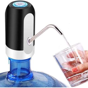 Imagem de Bomba Elétrica Dispenser de Água, Recarregável USB, Compatível com Galões 5L/10L/20L, Material Plástico, Cor Preto e Branco, Instalação em Bancada, com Mangueira de Silicone e Bico em Aço Inox