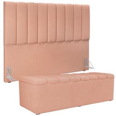 Imagem de Kit Cabeceira Cama Box Queen 160cm Com Calçadeira Baú Dália W01 Linho Rosê - Lyam Decor