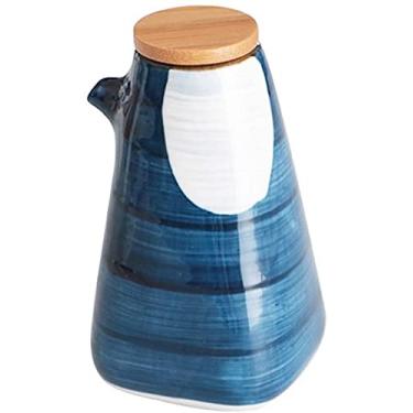 Imagem de 3FLQOOPP Dispensador de azeite de oliva e vinagre, conjunto de garrafas de cerâmica e bico de despejador decantador com tampa de madeira, recipiente de condimento líquido e design sem gotejamento para
