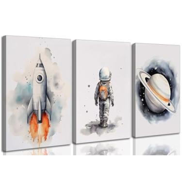 Imagem de 3 peças de arte de parede em tela de berçário espacial caprichosa astronautas do espaço sideral pintura de crianças decoração de parede pôster impresso arte para quarto de meninos meninas quarto de
