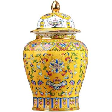Imagem de ADAOQIN Jarra decorativa de gengibre vaso decorativo de cerâmica chinesa de gengibre vasos florais com tampa, vaso de porcelana esmaltado dourado, potes de templo, jarra de armazenamento de chá
