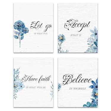 Imagem de GTYNU Conjunto de 4 impressões de arte de parede de flor azul, decoração de casa de fazenda, Aceite-deixe vá, tenha fé, acredite em decorações inspiradoras de arte de parede para sala de estar