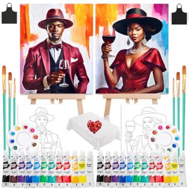 Imagem de QUANWAISJ 2 conjuntos de kit de pintura 25 x 30 cm para adultos, kit de pintura para casais à noite, com tela pré-desenhada (cavaletes incluídos), perfeito para pintura noturna e festas (casal)