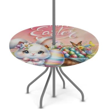 Imagem de hongjinglin Toalha de mesa de Páscoa para uso ao ar livre com orifício para guarda-chuva, toalha de mesa redonda elástica com zíper, impermeável, limpável, para piquenique, festa, pátio, serve para