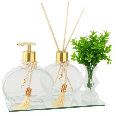 Imagem de Kit Lavabo Vidro 300ml Luxo C/Bandeja Porta Sabonete Difusor e Enfeite Decoração- Decoração Banheiro Elegante e Cristalino (Dourado c/Vaso)