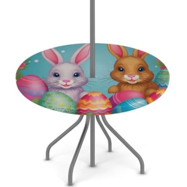 Imagem de hongjinglin Toalha de mesa de Páscoa para uso ao ar livre com orifício para guarda-chuva, toalha de mesa redonda elástica com zíper, impermeável, limpável, para piquenique, festa, pátio, serve para