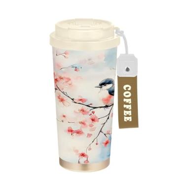 Imagem de SEHANY Caneca de viagem de pássaro colorida de 482 g Copos de café reutilizáveis revestidos de cerâmica com tampa à prova de vazamento, parede dupla, copo de café de aço inoxidável isolado a vácuo