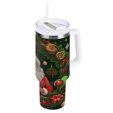 Imagem de Blueangle Copo de Papai Noel de 850 g com alça e tampa de palha, copo isolado reutilizável garrafa de água de aço inoxidável caneca de viagem (840)