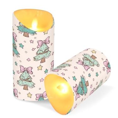 Imagem de Blueangle Pacote com 2 velas de árvore de Natal com laços sem chama com controle remoto e temporizador, velas LED cintilantes (7,6 cm x 15 cm) para decoração de casa, casamento, acampamento (882)