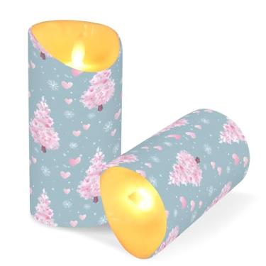Imagem de Blueangle Pacote com 2 velas de árvore de Natal rosa sem chamas com controle remoto e temporizador, velas LED cintilantes (7,6 cm x 9,9 cm) para decoração de casa, casamento, acampamento (14)