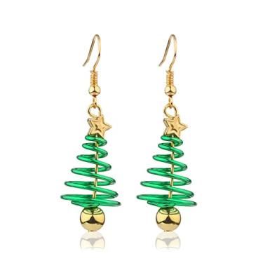 Imagem de 1 par de brincos de árvore de Natal para mulheres, brincos verdes de Natal com pingente de joia temática festiva de Natal, brincos de árvore de Natal em espiral para festa de fantasia, Zinco, Pedra