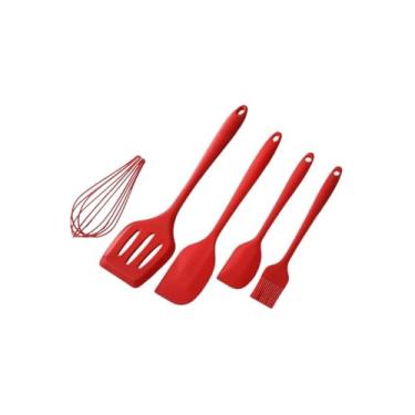 Imagem de Kit Utensílios de Cozinha de Silicone, 5 Peças, Resistente ao Calor, Vermelho e Preto Sortido, Inclui Pincel, Batedor, Espátulas