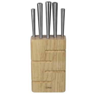 Imagem de LUMAI Kit Porta Facas de Madeira com 5 Facas Inox com Faca do Chef, Santoku, Pão, Utilitária e Descascar, Cepo para Organização de Facas na Bancada da Cozinha