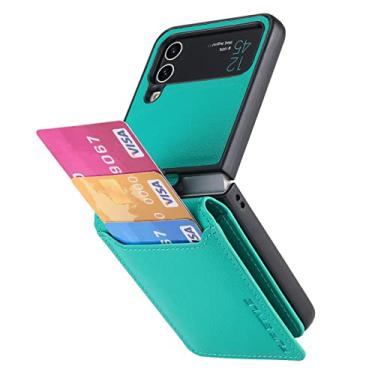 Imagem de Capa de telefone com suporte de cartão, capa de câmera e proteção de dobradiça, capa de couro magnético funciona com suportes magnéticos para carro capa de telefone para Samsung Galaxy Z Flip 4/3/2/1 (Z Filp 3 verde)