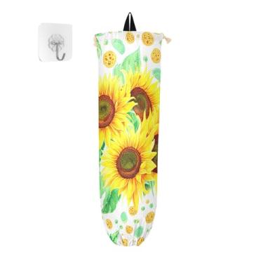 Imagem de xigua Suporte para saco plástico de girassóis aquarela, suporte de parede com cordão, pacote com 2, organizador de sacolas de compras reutilizáveis, decoração para bolsas, meias, roupas íntimas e