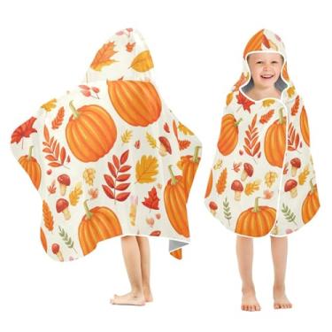 Imagem de Burbuja Toalha de banho com capuz laranja abóboras para crianças, toalha de praia de pelúcia macia absorvente para chá de meninas e meninos 3-10 anos, 61 x 127 cm
