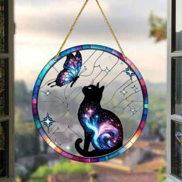 Imagem de Enfeite para pendurar janela redonda de acrílico com estampa artística de gato galáxia, prato de pendurar estilo apanhador de sol para exibição de jardim e Natal