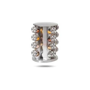 Imagem de Porta Condimentos Torre com 16 Potes de Vidro 80ml, Aço Inox e Madeira, 30cm Altura, com Tampa Dosadora