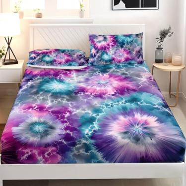 Imagem de AILONEN Jogo de lençol colorido tie dye decorativo para crianças, meninas, casal, estilo boêmio, aquarela, 3 peças, conjunto de lençol com elástico hippie, 1 bolso profundo + 2 fronhas