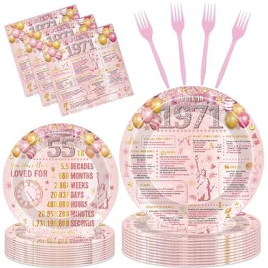 Imagem de Hokinaa Decorações de festa de aniversário de 55 anos - 96 peças de ouro rosa rosa feliz 55 anos 1971 conjunto de pratos e guardanapos de festa de papel descartável vintage suprimentos decoração para
